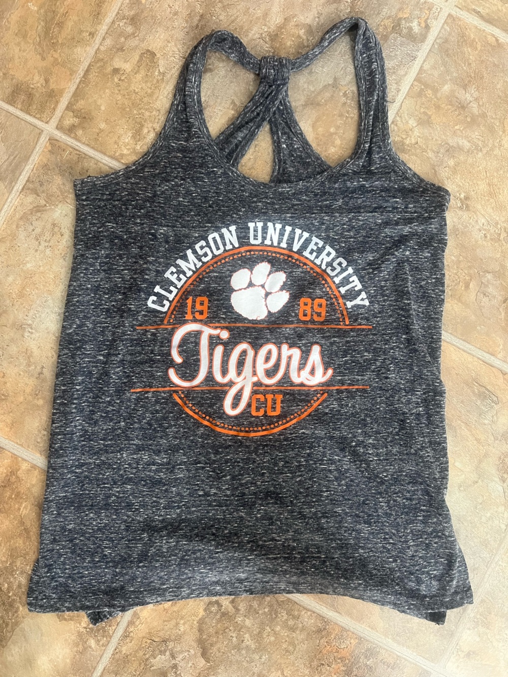 Heather Charcoal Tank with Orange and White Clemson Tigers tank top